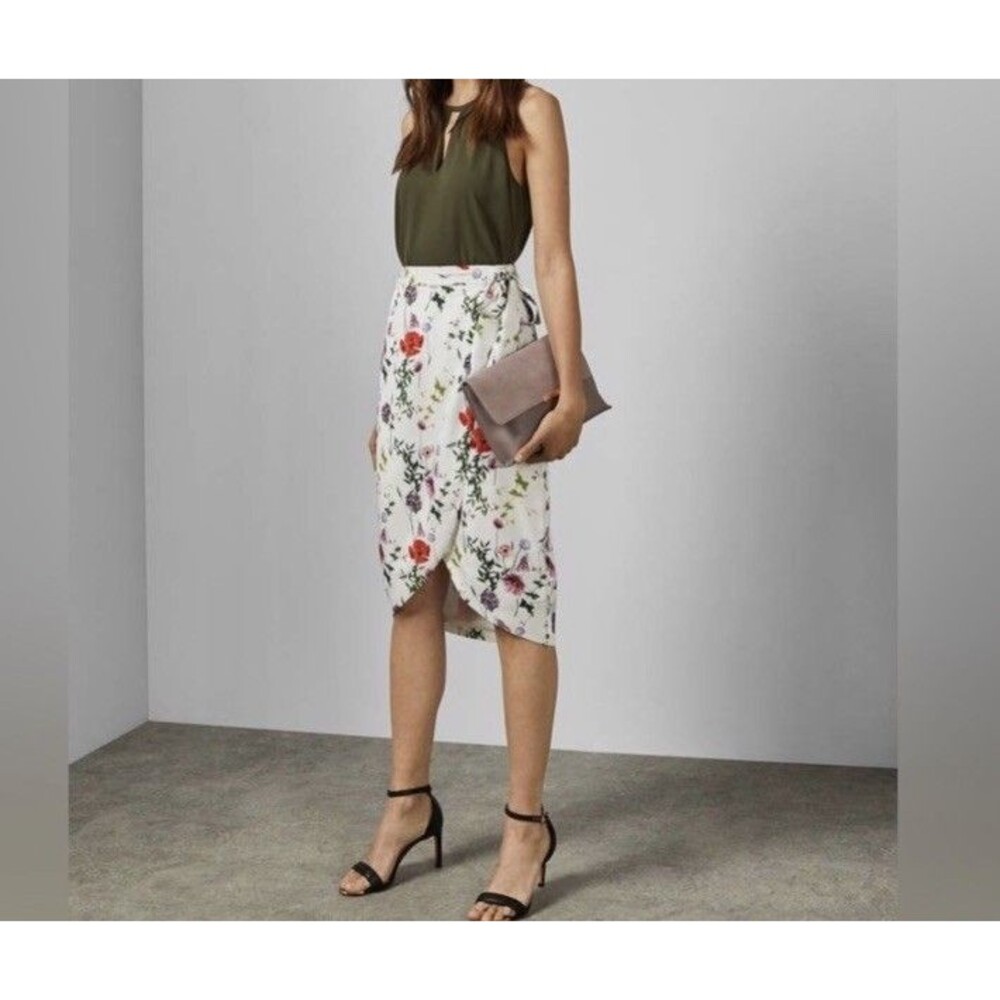 Ted Baker Tulip Midi Skirt Floral Pattern Tie Side Lined Designer Asymptomatic 1